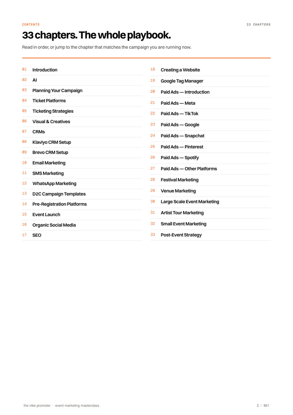 Contents page listing 33 chapters